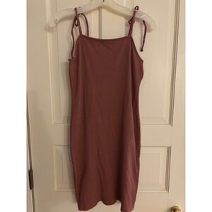 Ribbed Spaghetti Strap Mini Dress Rose Pink Tie Shoulder Casual Summer